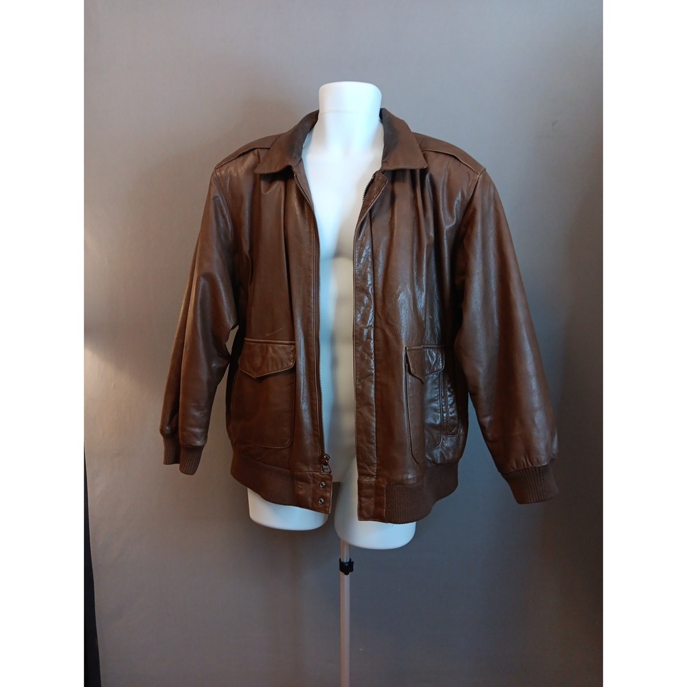 Large Vintage Repertoire Leather Jacket Mens Brown Bomber US Map Lining Vtg Y2k